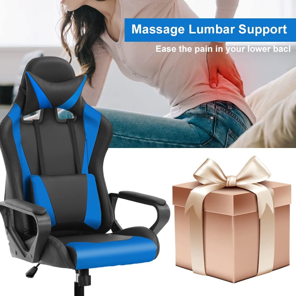 Ergonomic Gaming Chair, High Back PU Leather Office Chair with Adjustable Lumbar Support & Headrest – Swivel Computer Desk Chair for Adults, Teens, Kids – Heavy Duty Executive Red Game Chair - Blue