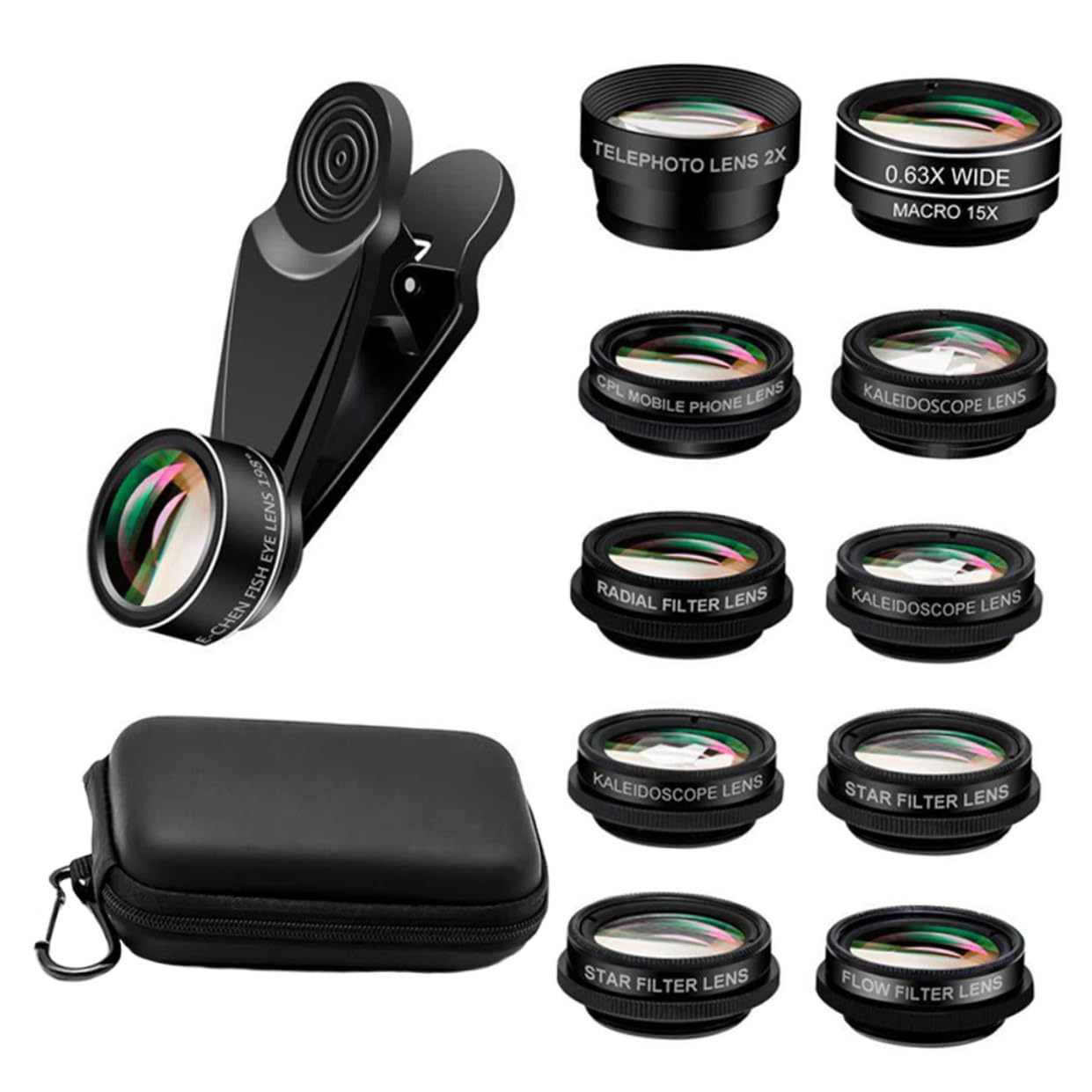 Kit Obiettivi per Smartphone 10 in 1 Nero Visione Larga