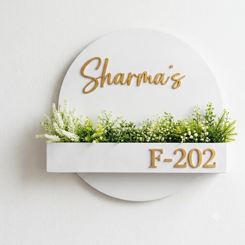 Custom Acrylic Name Plate with Mini Plant Holder | Personalized Elegant White Round Door Name Plate with Golden gloss Acrylic Embossed Laser Cut Letters | Customized Name Plate with Planter Box (Plants not Included) (White, 12 Inch)-picture-10