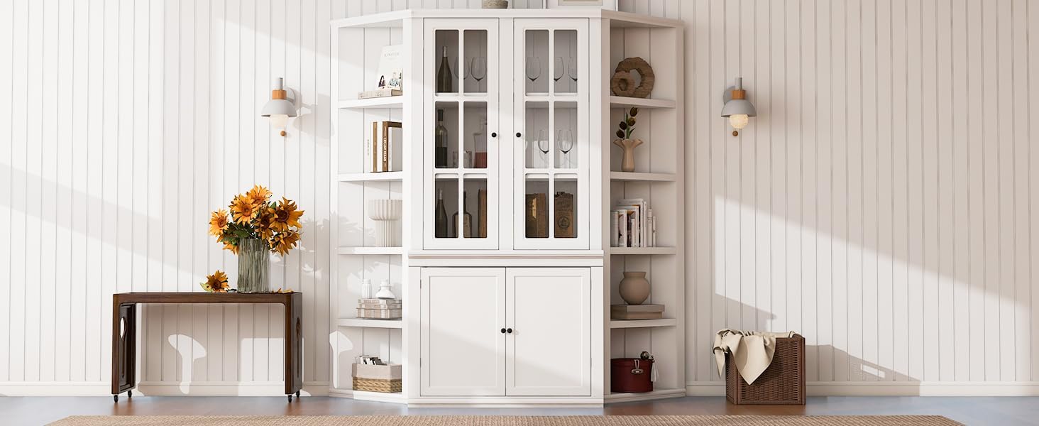 Virubi 75'' Tall China Hutch Cabinet with Glass Doors,Kitchen Pantry Storage,Coffee Bar Hutch with Adjustable Shelves for Kitchen,Living Room,Bar,White (1 Cabinet&2 Shelves)