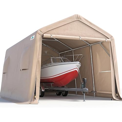 ADVANCE OUTDOOR 10X15 ft Garage Shelter Steel Metal Peak Roof Portable Storage Shed Carports for Motorcycle Boat, or Garden Tools with 2 Roll up Doors & Vents, Beige