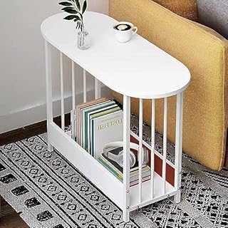 Urkitd Small End Table Oval Side Table for Small Spaces, Sofa Side Table for Living Room Balcony Reception, Slim Coffee Table Modern Nightstand with Storage for Bedroom Home Office Furniture (White)