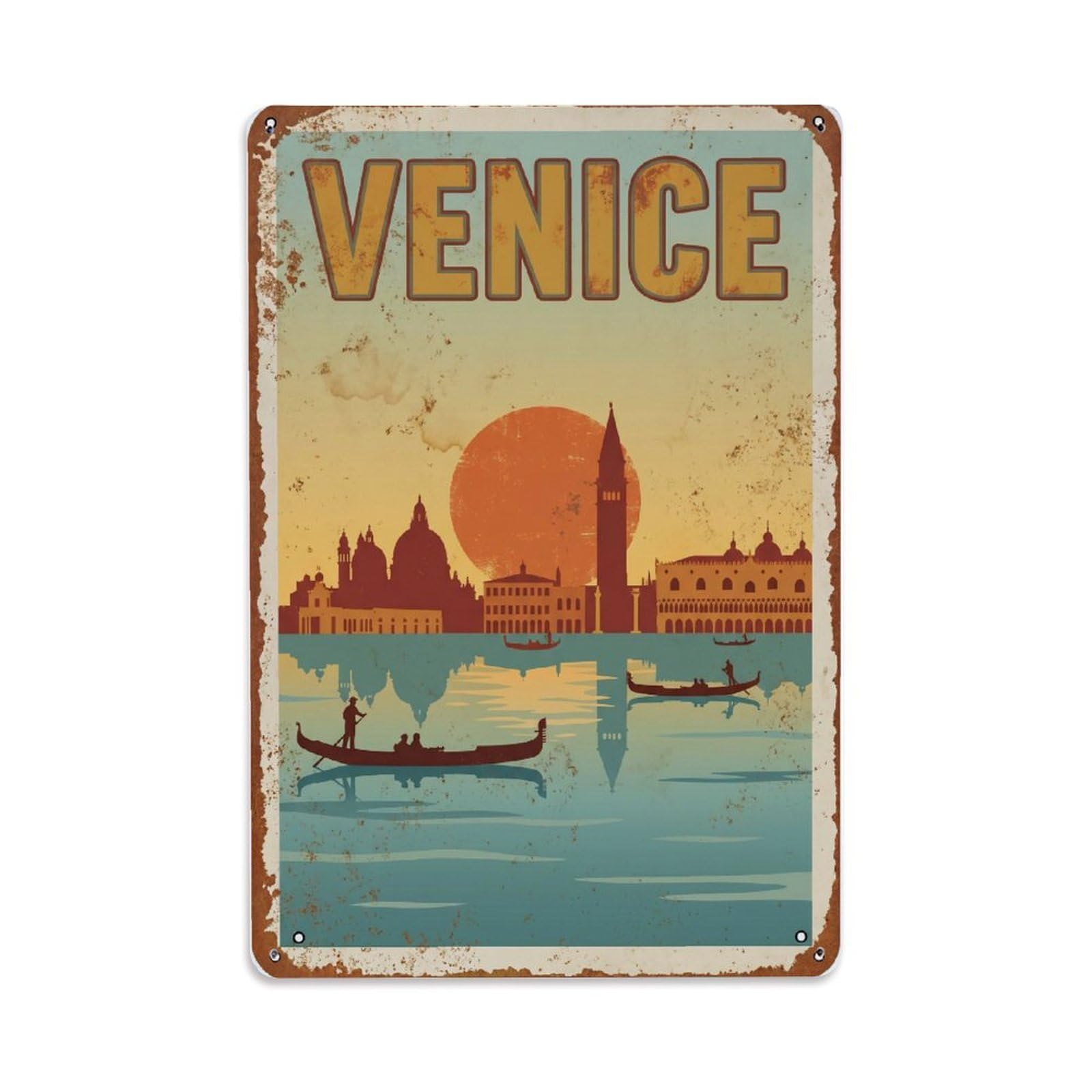 Vintage Travel Venice Sunset Over Lagoon Golden Hour Rusted Italy Metal Tin Sign Plaque Wall Decor for Cafe, Club Bar, Office, Home Garden Metal Poster 8x12Inch