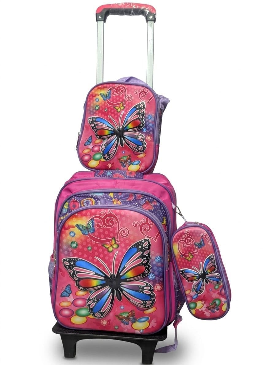Rolling Backpack Set, 3-Piece Kids School Bag with Wheels, Lunch Bag, Pencil Case & Water-Resistant Trolley Schoolbag (Pink, Pink Butterfly)-image-6
