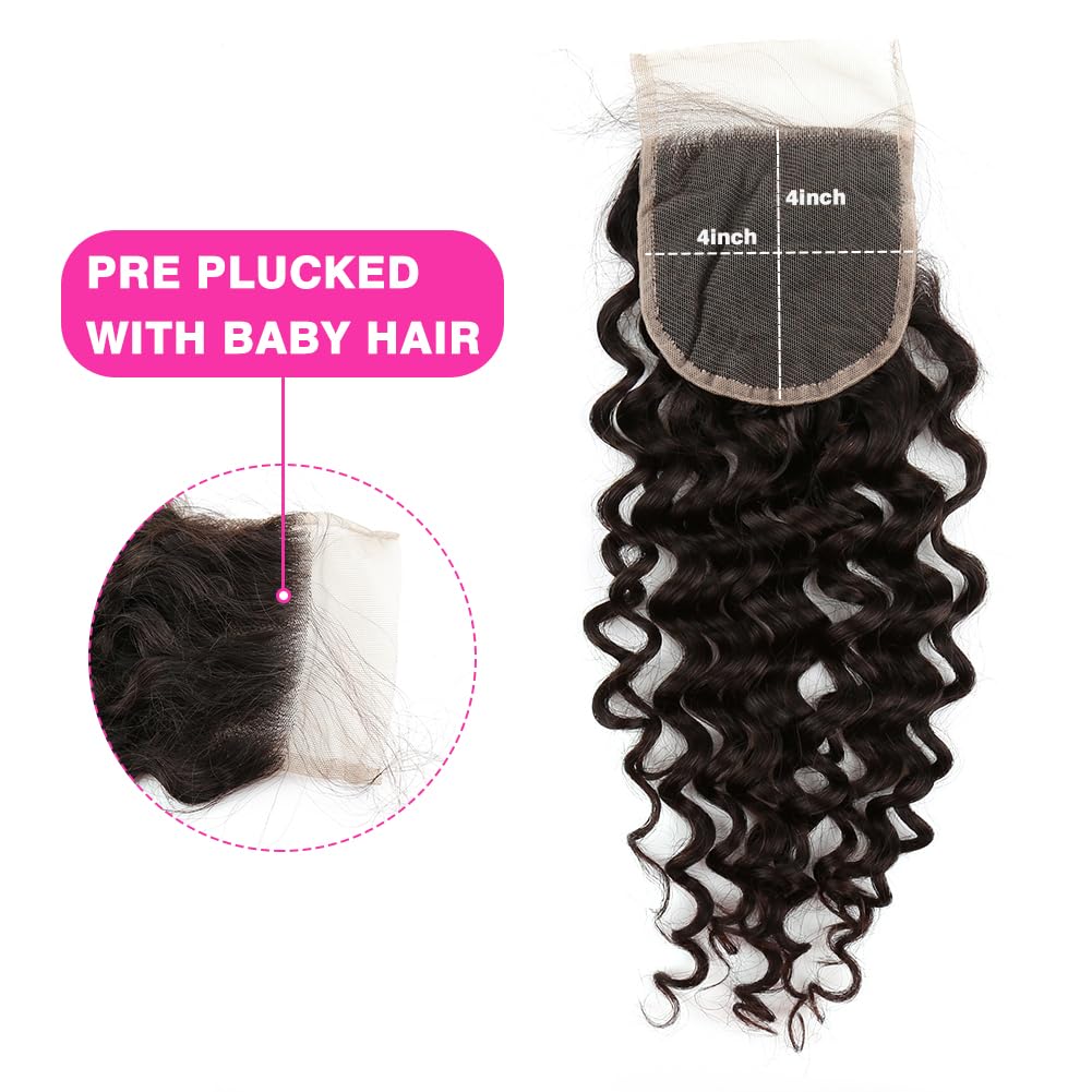 4x4 Water Wave Remy Human Hair Lace Closure, Long Lasting Remy Human Virgin Hair Piece, Pre-Plucked Hairline with Baby Hair Natural Black 14 inch