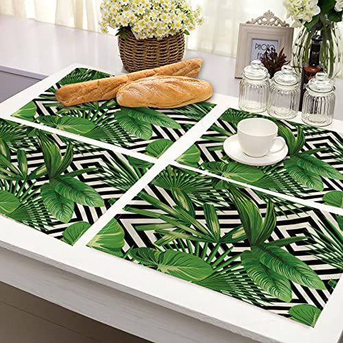 Green Leaves Placemats Tropical Leaves Palms Geometric Background Decorative Table Mats Waterproof Heat Resistant Washable Non-Slip Place Mats For Dinner Room Kitchen Decor Table 12”×16” #TOP4