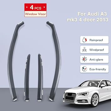 Wind Deflectors Compatible with Audi A3 / S3 / RS3 MK3 4 Door Saloon 2013-2020 4pc Set, Sun Rain Guards Window Visor Tinted In-Channel, with 10pc Clips