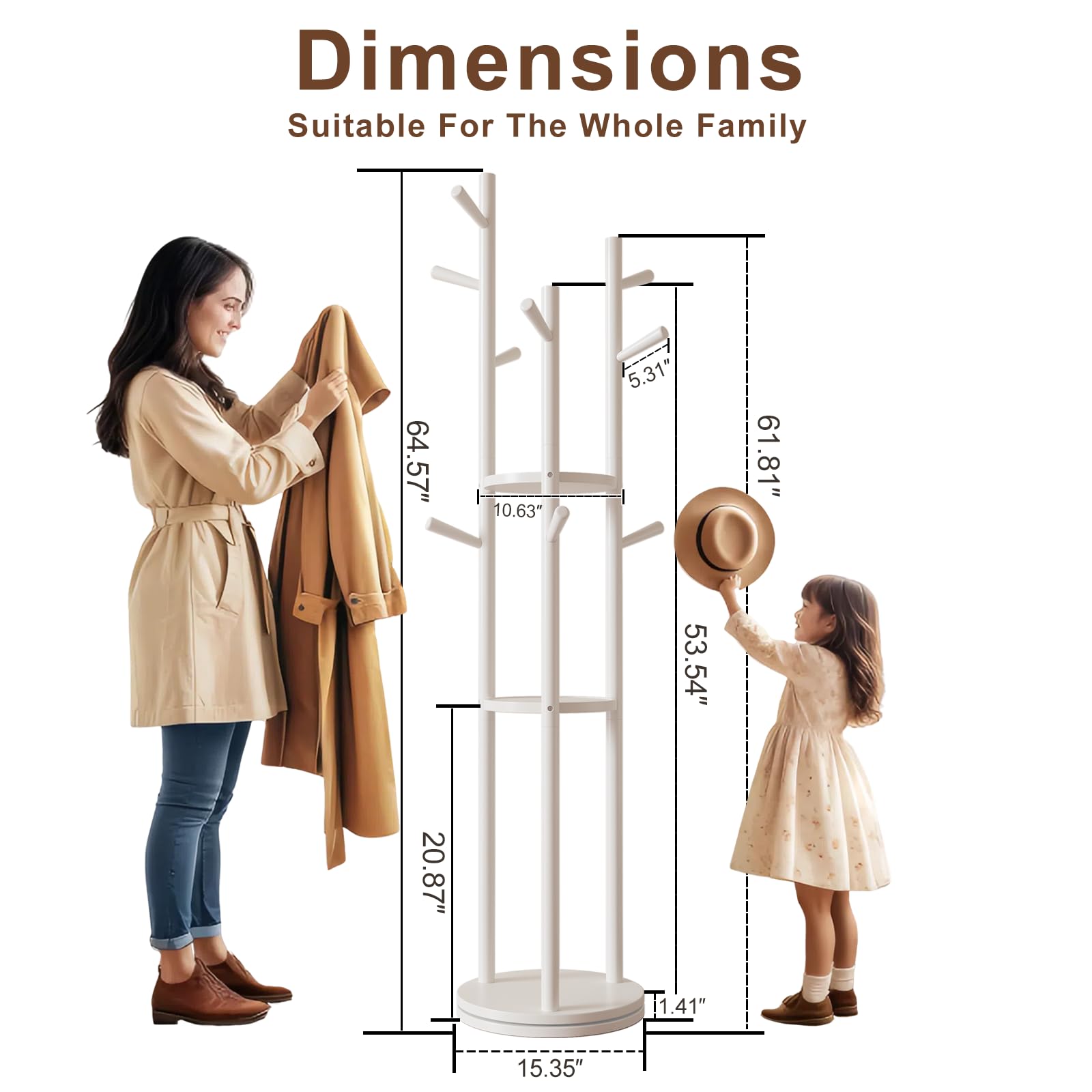AQIMUELE Perchero, Perchero de Madera Maciza, 9 Ganchos, Colgador para Abrigos, Bolsos, Gorras, Ideal para Entrada, Pasillo, Altura de 163 cm, Blanco