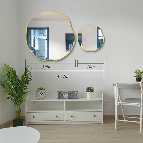 Miniatura 7 de POZINO Espejo de forma irregular, espejo asimétrico de 16 pulgadas, espejos redondos festoneados dorados, modernos espejos decorativos ondulados