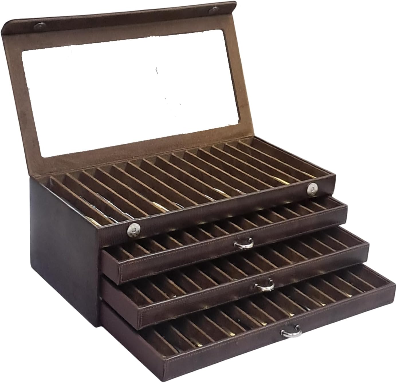 Faux Leather Four Level Pen Transparent Display Organizer Box for 60 pens in Snakebit-Brown Color