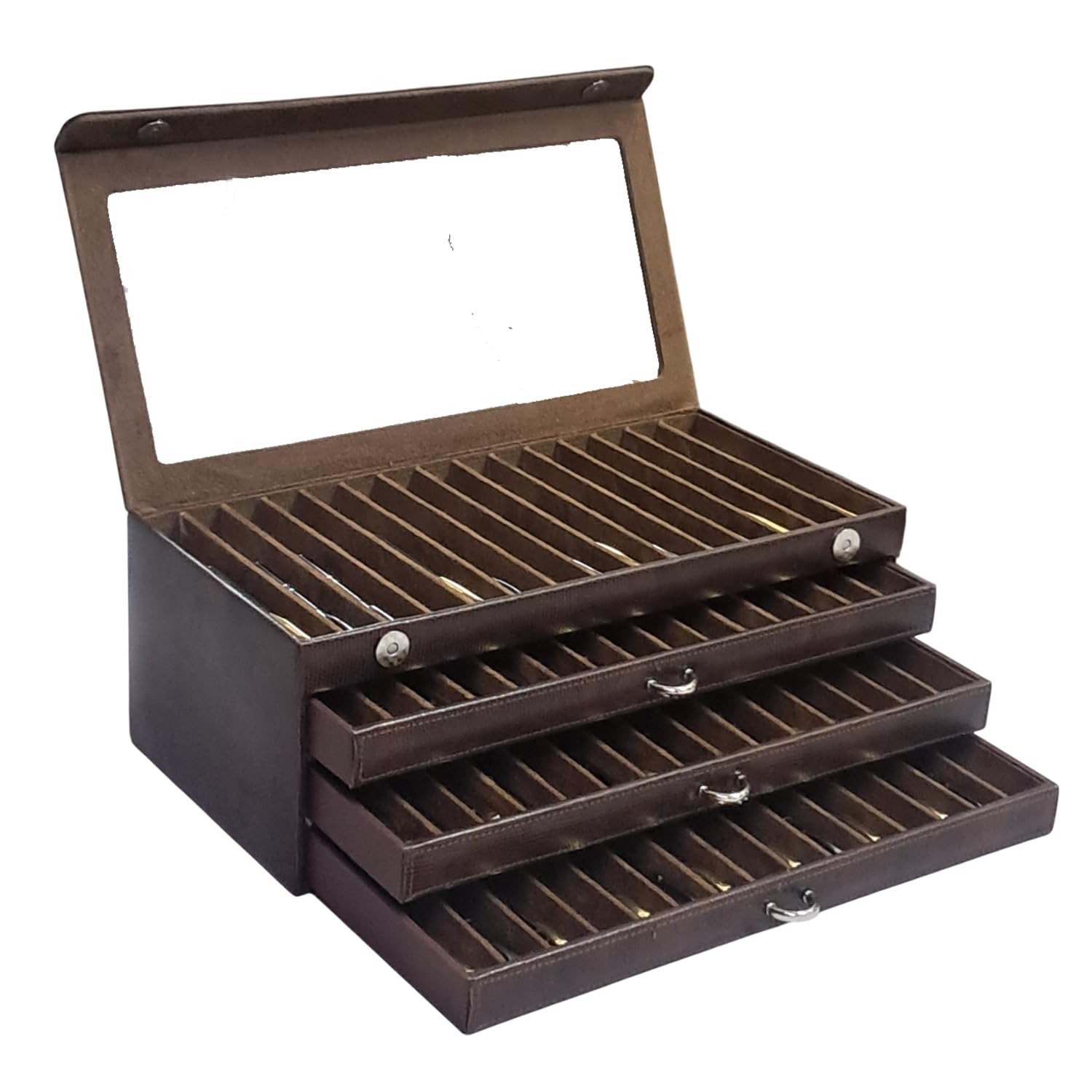 Faux Leather Four Level Pen Transparent Display Organizer Box for 60 pens in Snakebit-Brown Color