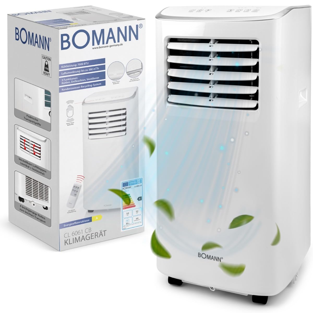 Bomann® Klimaanlage | mobiles Klimagerät leise 7.000 BTU Kühlleistung | mit Fernbedienung | 3in1 zum Kühlen, Entfeuchten und Ventilieren | Mobile Klimaanlage mit Abluftschlauch und Timer | CL 6061 CB
