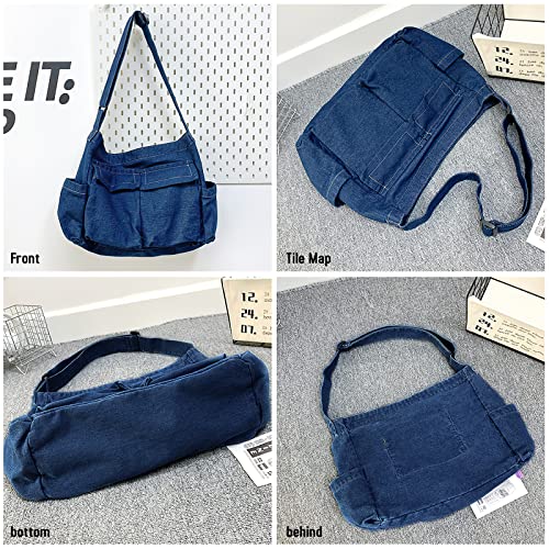 Image of LassZone Canvas Messenger Bag Large Crossbody Bag Hobo Shoulder Handbags Multi Pocket Denim Tote Bag for Women or Men