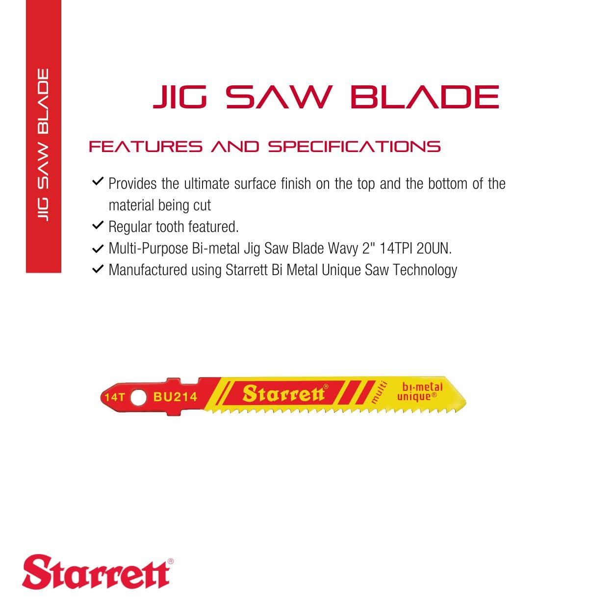 Starrett Bi-Metal Unique Unified Shank Multi-Purpose Wood Cutting Jig Saw Blade - 2" Length, 5/16" Width, .040" Thickness, 14 TPI, Wavy Set Type - 20-Pack - BU214-20