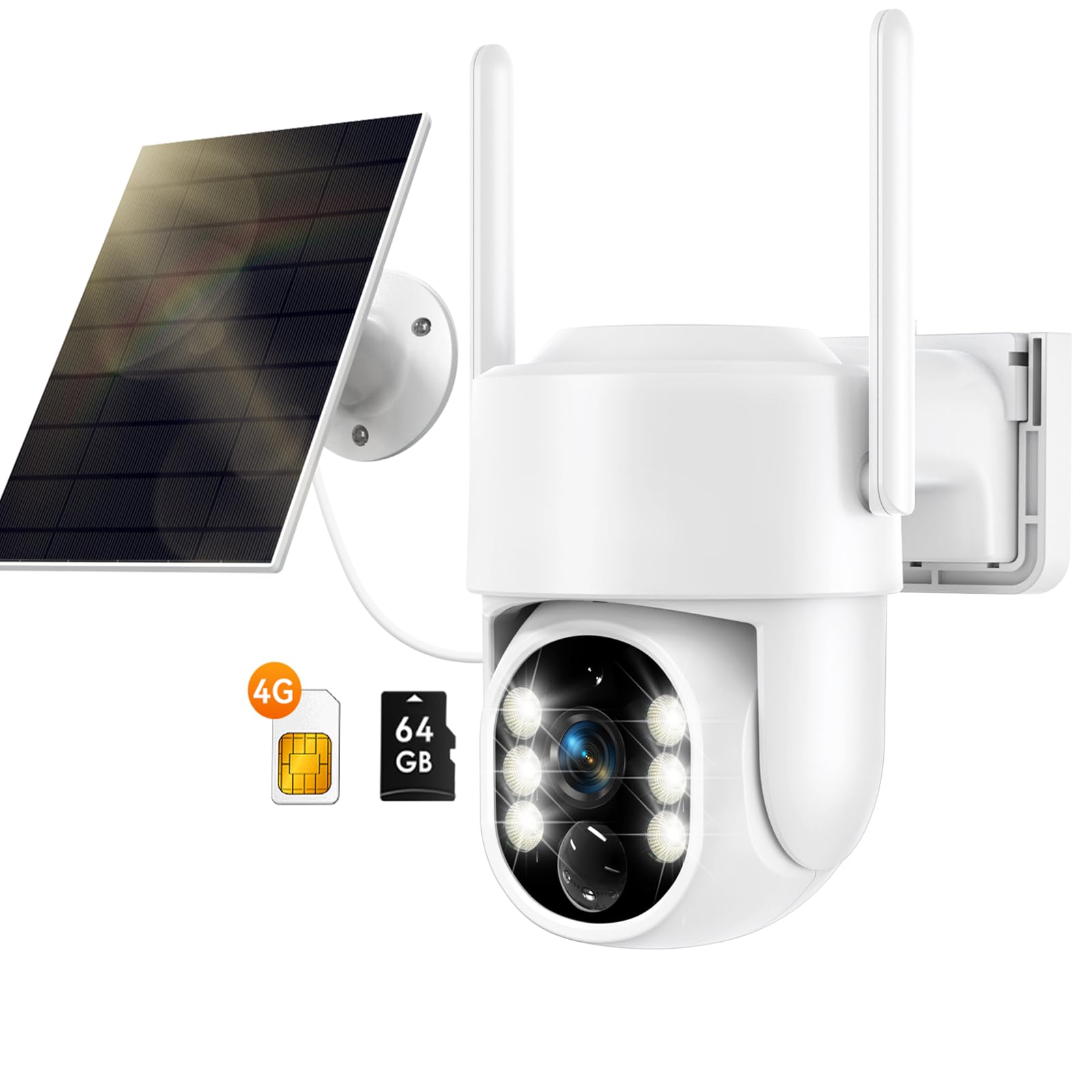 4g lte cellular security camera, no wifi security camera outdoor wireless solar powered, built-in sim card, 2k color night vision, human detection alerts, with 64g sd card, 2-way audio, 360° live view