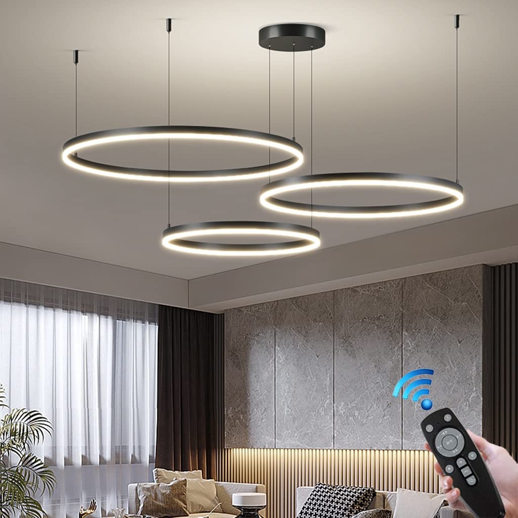 KXEcoLife Modern LED Dimmable Pendant Light with Remote Control Adjustable Height Chic Design for Living Room Bedroom Dining Black