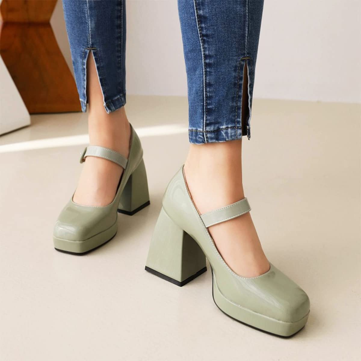 Amazon.com: Mary Jane Shoes Women Square Toe High Heel Platform Pumps  Patent Leather Punk Ankle Buckle Dress Shoes (Color : Green, Size : 10.5  US) : Clothing, Shoes & Jewelry