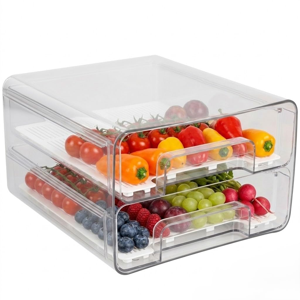 YJQXMYU Fridge Organisers Drawers, Pull Out Fridge Storage Containers with Lid, Clear Stackable Refrigerator Organizer Bins with Drain Tray for Fruit & Vegetable