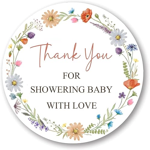 COOWIND 1.75" Little Wildflower Baby Shower Thank You Card Stickers,Baby Shower Party Stickers,Party Favor Bag Labels - Set of 60