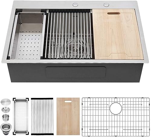 Kichae - Fregadero de cocina de 28 x 22 pulgadas, estación de trabajo para fregadero de cocina de acero inoxidable con montaje superior