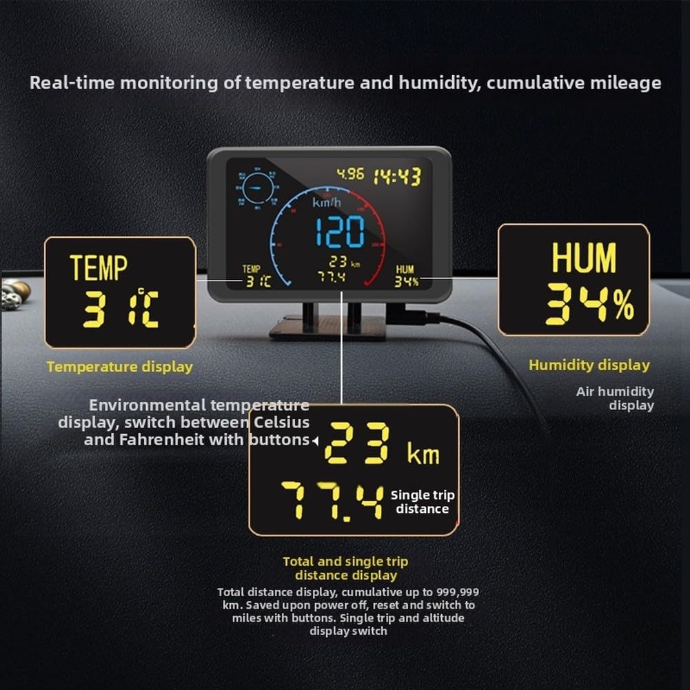 Compteur de vitesse GPS, affichage HUD, altimètre de voiture avec GPS + BeiDou double mode en temps réel, altitude, humidité, survitesse, alarme pour la sécurité du véhicule