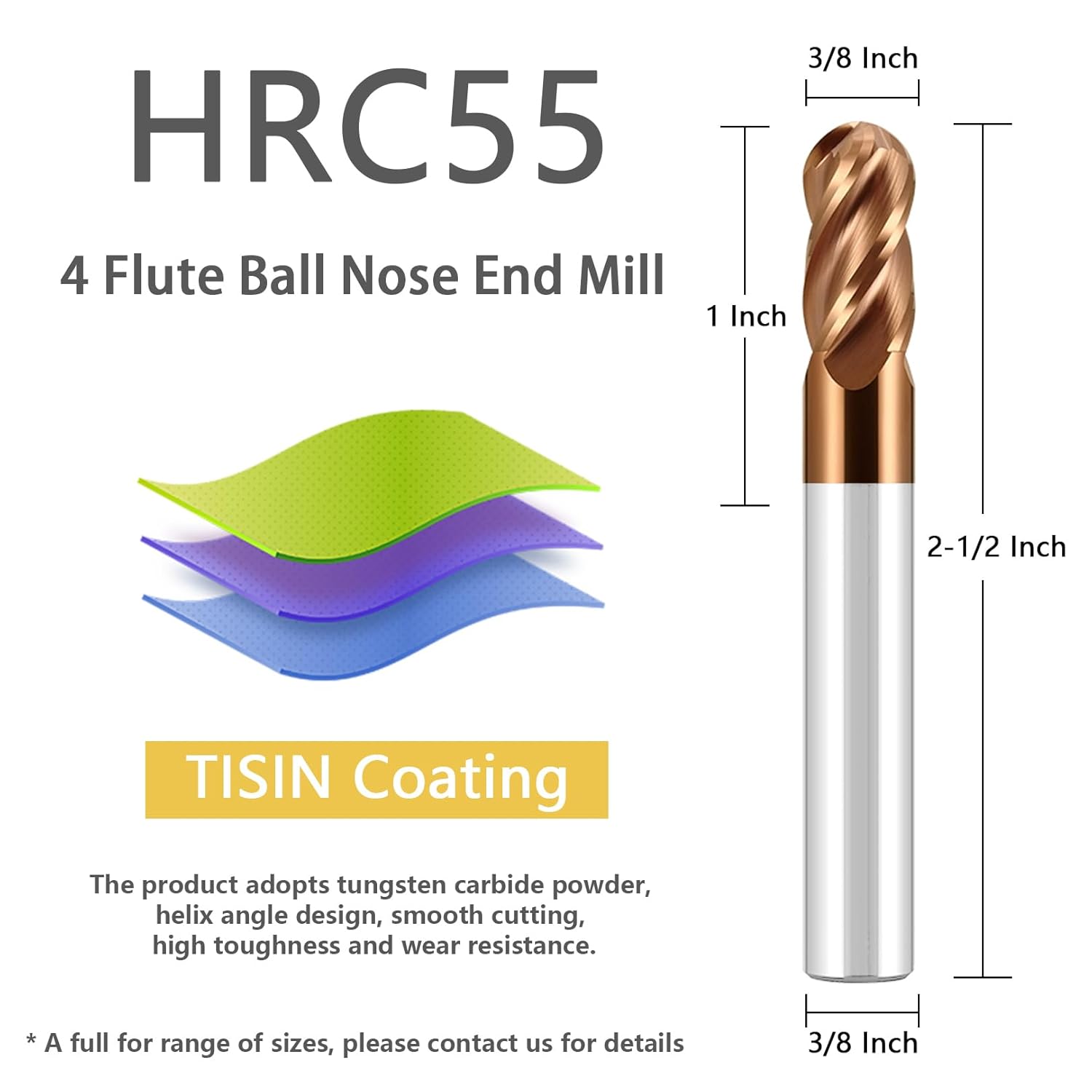 Carbide Ball Nose End Mill Bits Set - 3/8" Shank Dia - TISIN Coated - 4Flutes CNC Cutting Tools for Alloy Steels, Hardened Steels, Cast Iron