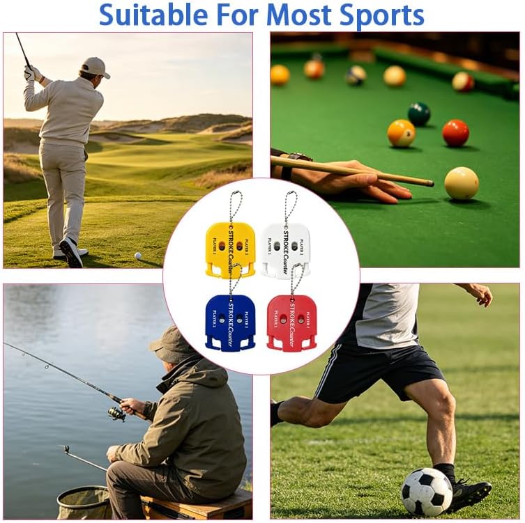 4 Pack Golf Stroke Counters, Portable Dual-Player Score Keeper with Keychain, Manual Dial Reset Clicker for Golf Training, Tournaments, and Friendly Matches, Colorful Design Set