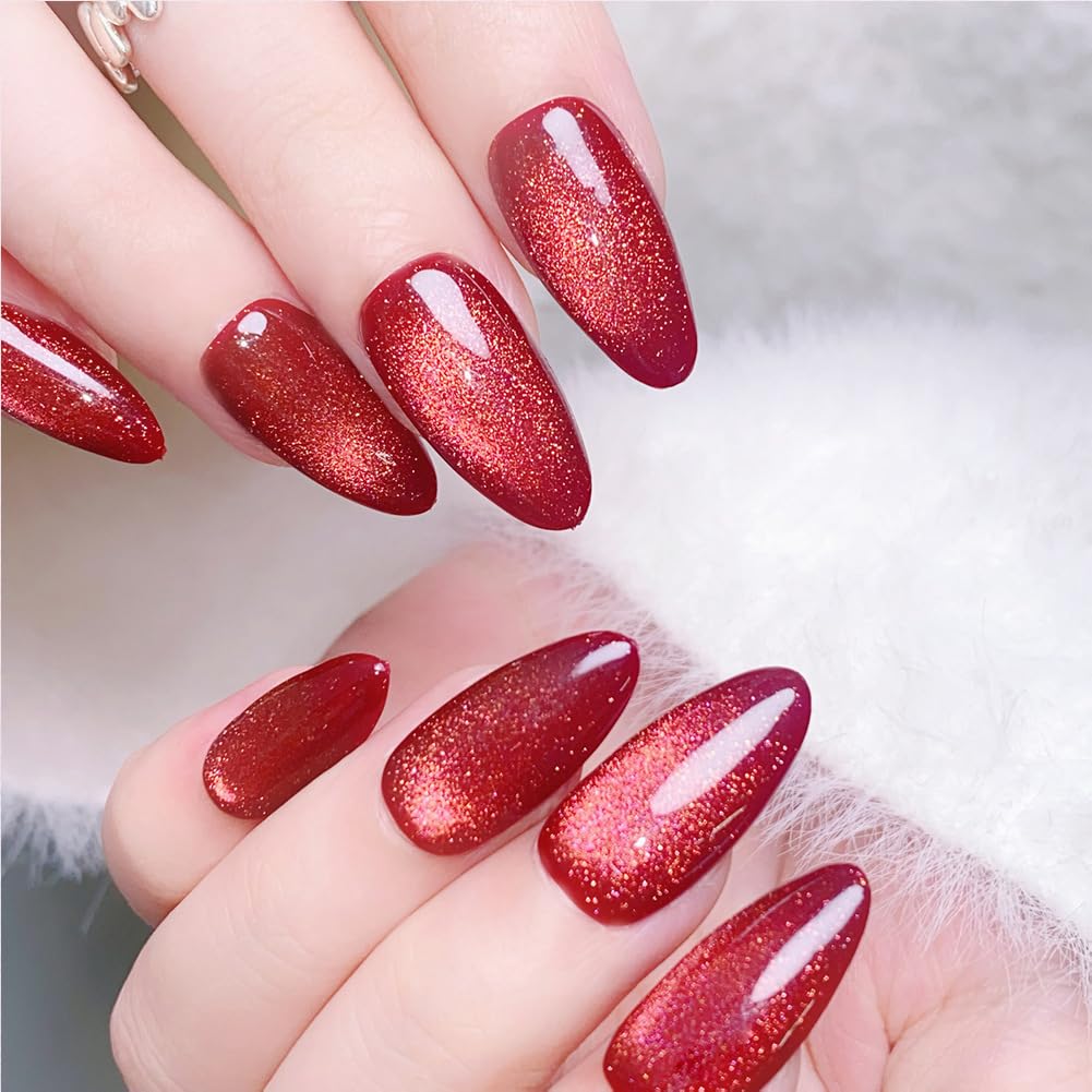 Christmas Press On Nails Medium Almond Fake Nails With Glue, Red Nail Press Ons With Glass Beads Cat's Eye Design，Artificial False Nails Stick On