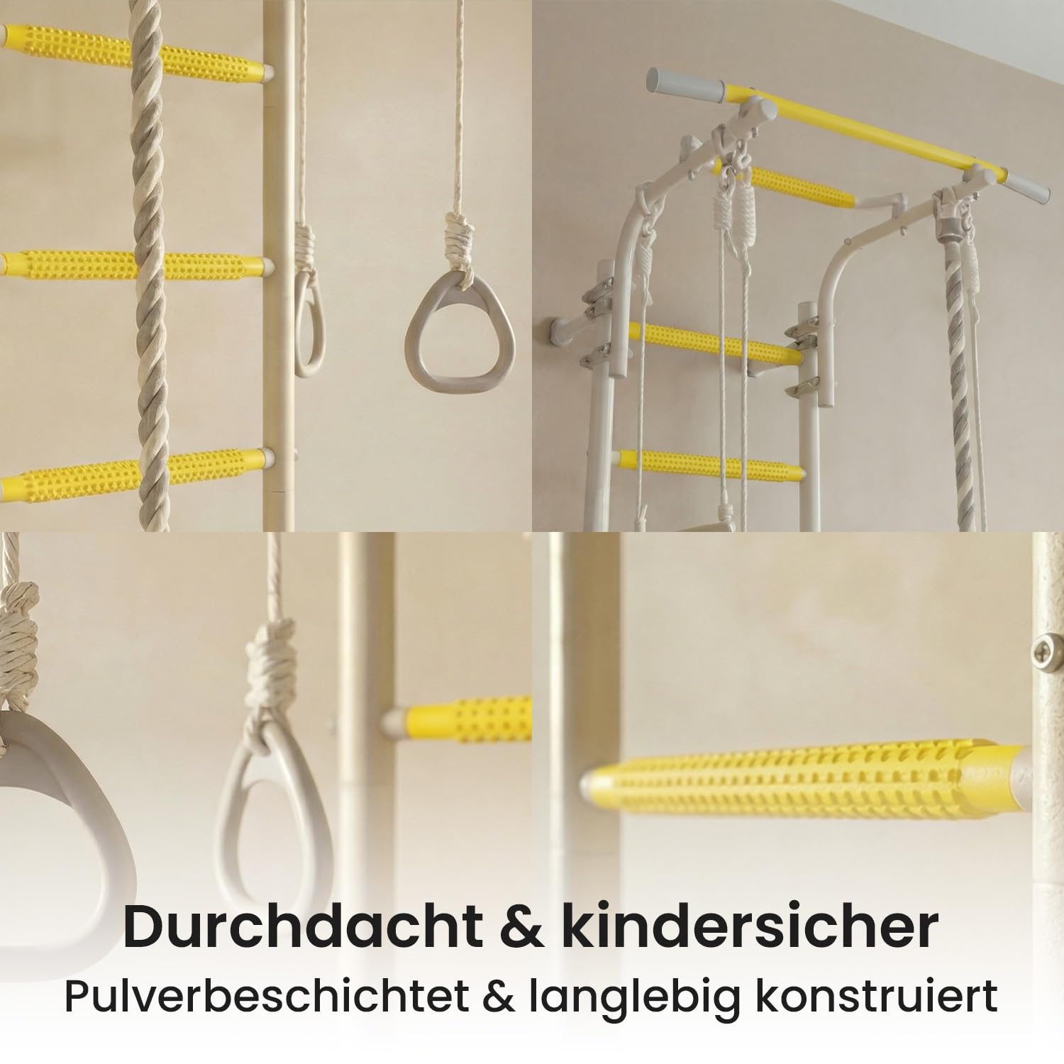 JEFLEX - weiß/gelbe Kinder Sprossenwand mit Verstellbarer Klimmzugstange/Robuste Fitness-Station fürs Kinderzimmer/Einfache & vielseitige Montage/inkl. tollem Kletterwand-Zubehör