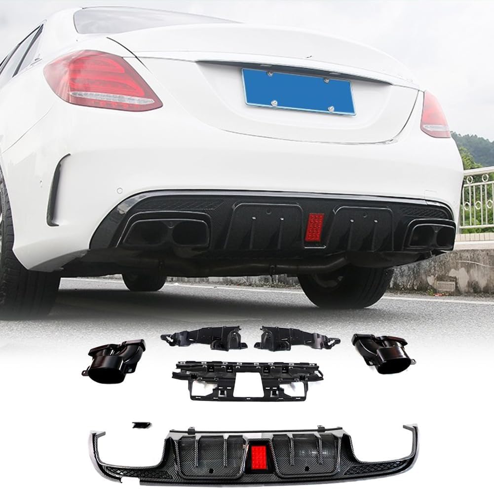 W205 Rear Diffuser for Mercedes Benz C Class W205 2015-2021 C200 C300 C350 C400 Sport C43 AMG Sedan PP Rear Bumper Lip Diffuser with Black Square Muffler Twin Out (Carbon Fiber Look)