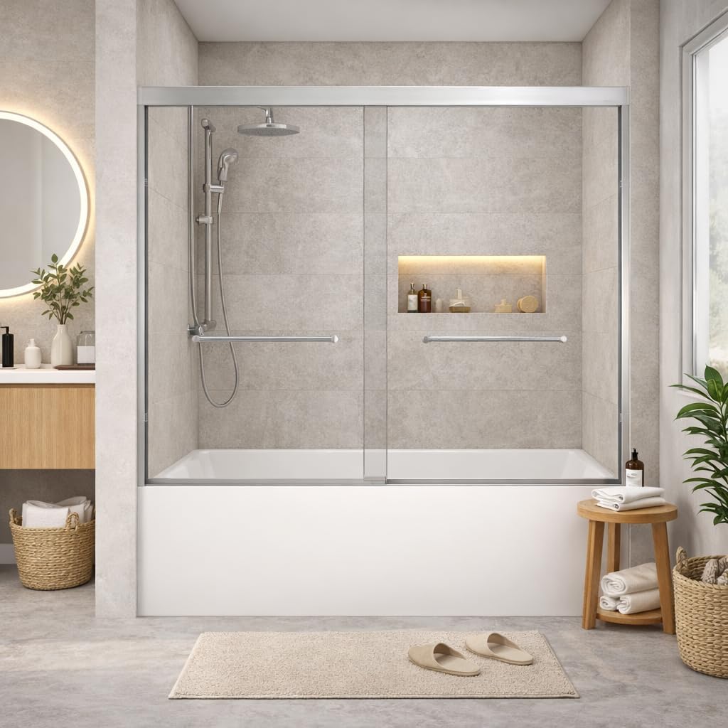 56-60" x 60" Tempered Glass with Explosion Proof Film, Aluminum Frame Double Sliding Shower Door, 1/4 (6 mm), Stainless Steel Handle,Brushed Nickel