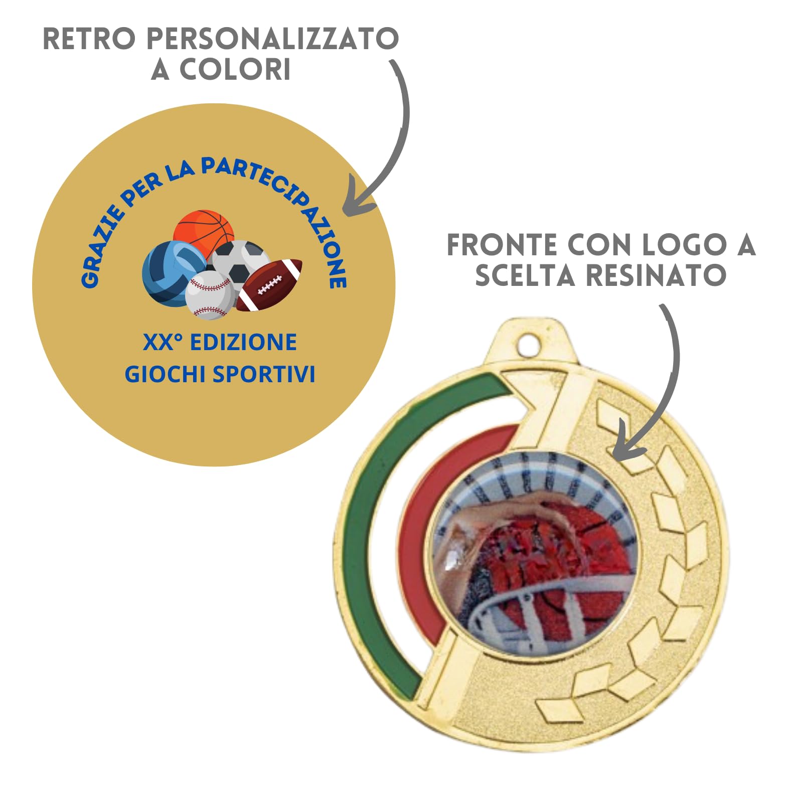 Stock Medaglie Premiazioni Personalizzate con Logo Resinato da 5 cm con Laccetto Medaglia Personalizzabili in Metallo con Stampa Personalizzata, Gare, Sport | 22.305.62G