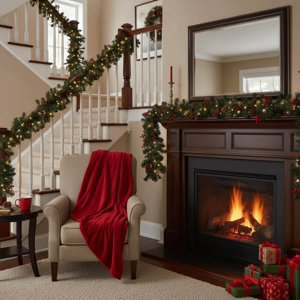 Guirlande de Noël avec pommes de pin et baies, pour cheminée, escalier, porte, fenêtre, décorations de Noël (1,8 m)