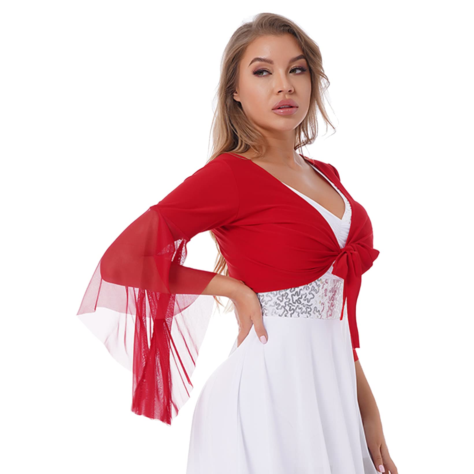 JanJean Women 3/4 Tulle Flared Sleeve Crop Top Cardigans Glittery Dance Top Performance Costumes Red One Size