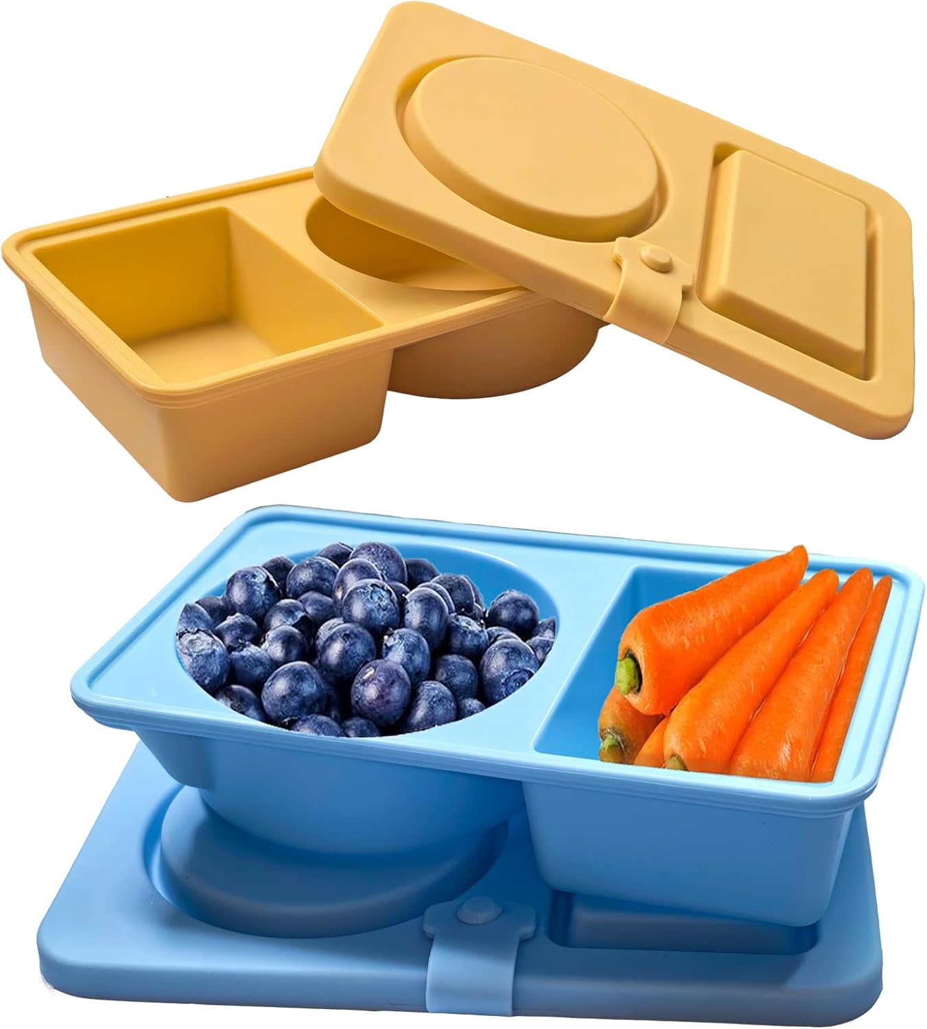 2Pack Silicone Snack Containers – 2Pcs Reusable Double Compartment Condiment Box with Lids for Adults Kids, Grab and Go Divided Snack Food Storage Containers Sauce Cups for Travel, School and Camping