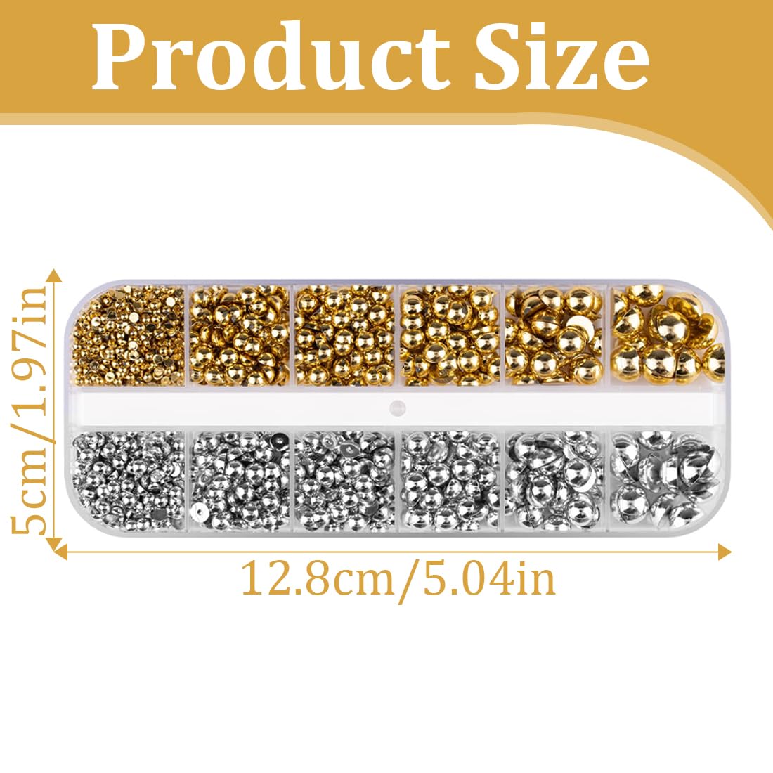 2 Boîte 3D Flatback Perle Ongle Argent Argent et Or, Demi-Rondes Métal Perle Bijoux pour Deco Ongle Nail Art, Bijoux de Nail Art, Accessoires de Décoration et Bricolage