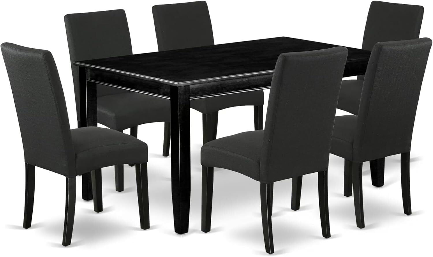 HomeStock 7 Piece Modern Dining Table Set Consist of A Rectangle Wooden Table and 6 Black Color Linen Fabric Upholstered Chairs, 36X60 Inch, Black