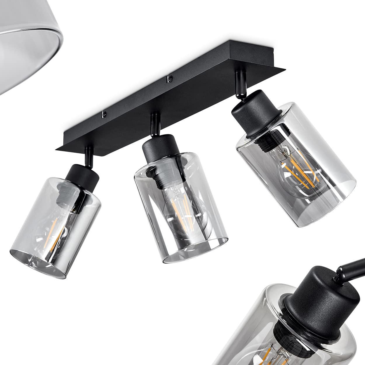 Ceiling lamp Hunouri, Metal/Glass Ceiling lamp in Black/Smoke, with Smoked Glass lampshades, 3-Flame, E27-socket, lampshades are rotatable, Without Bulbs