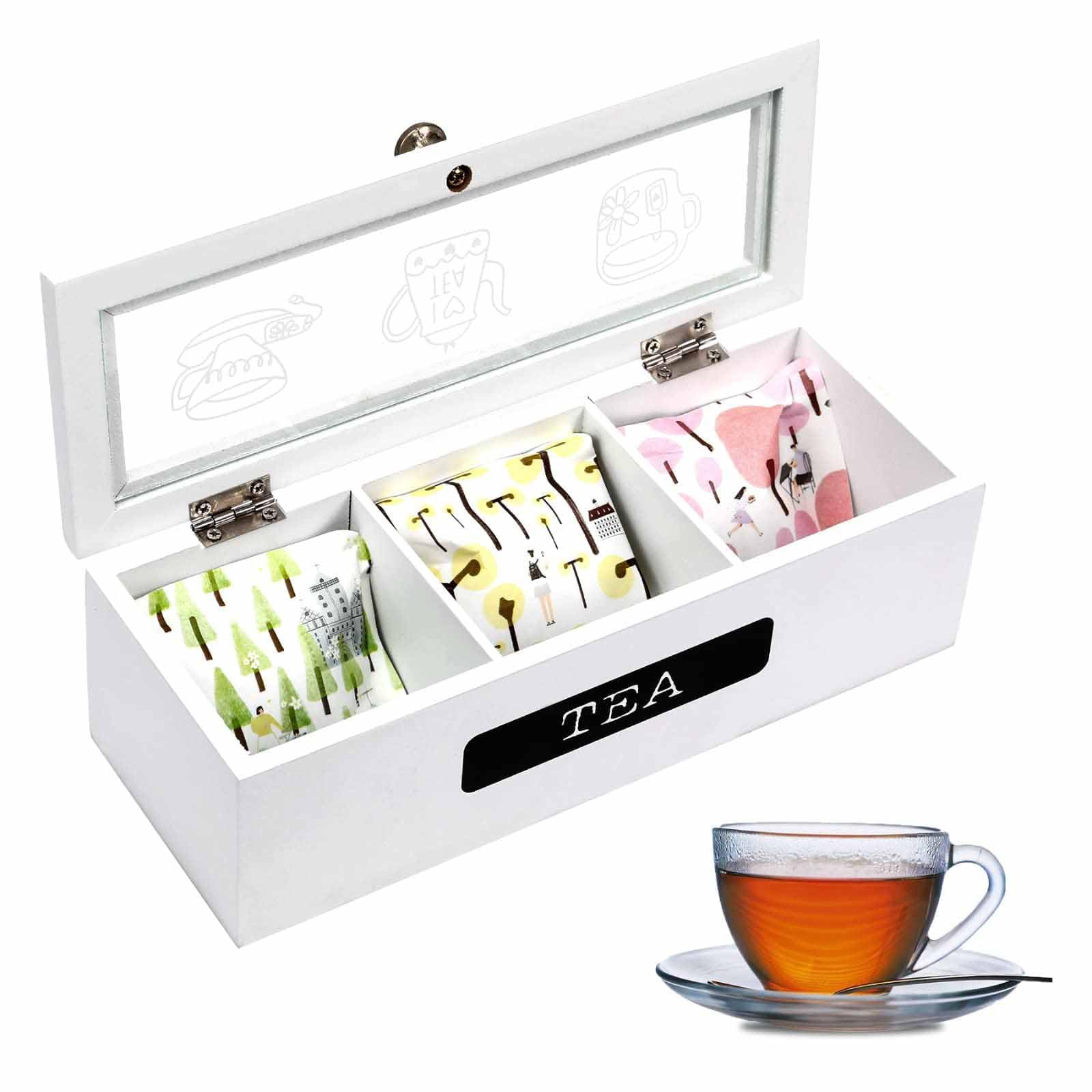 Khazna Tea Bag Organizer, White Wood 3 Compartment Tea Bag Organizer for Kitchen Pantry Cabinet, Countertop, Tea Storage Box Station Bin Caddy Holds Beverage Bags and Display Tea Bags