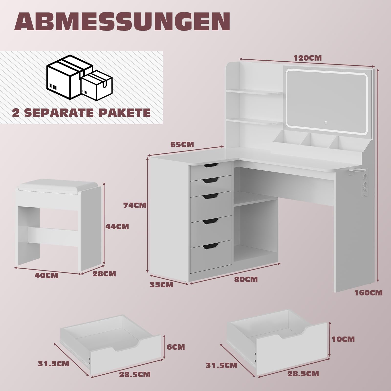 JUMMICO Schminktisch mit Spiegel und Licht, Eck Schminktisch L Hocker mit Beleuchtung LED 3 Farben, Make Up Table 120 breit mit 5 Schubladen und Steckdosen, Weiß