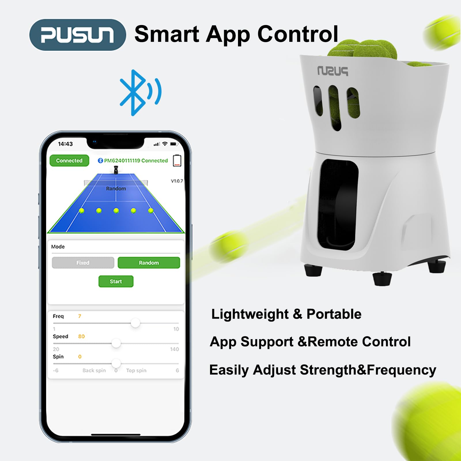 Tennis Ball Machine, PUSUN Tennis Ball Launcher Ideal for Solo Practice for Beginners, App&Remote Control, 65+Ball Capacity, Adjustable Speed/Spin, Lightweight Design, Durable for Clubs/Home Use