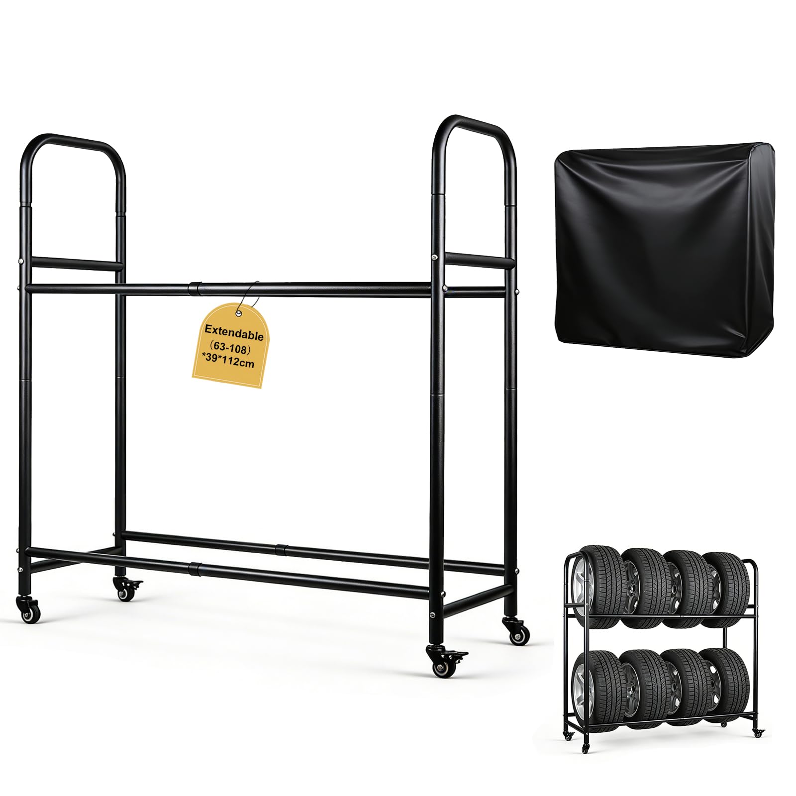 EXLECO Verstellbar Reifenregal bis zu 8 Reifen, Regallänge 63-108cm, Werkstattregal mit Schutzhülle & Lenkrollen, Garage Reifenhalter, Felgenständer, Beschichteter Stahl Schwarz Tragkraft 100-200kg