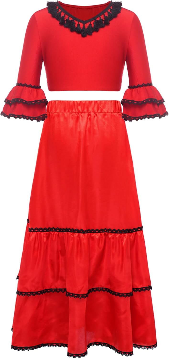 Kids Girls 2 Piece Spanish Flamenco Outfit Tassel Crop Top Ruffle Mexican Folklorico Bull Dance Skirt Red 16 Years