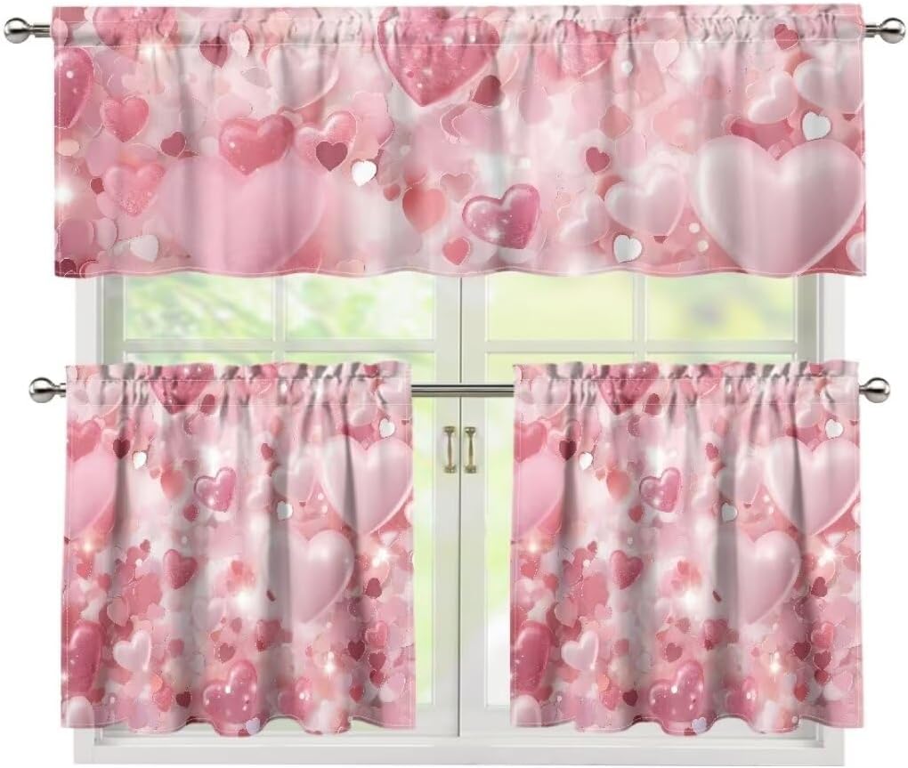 Jeiento Valentine's Day Sweet Heart Kitchen Curtain Tier&Valance Set 24" Length Tier Curtains Rod Pocket Window Valance for Valentine's Day Living Room Bedroom Decorations,3 Piece Set