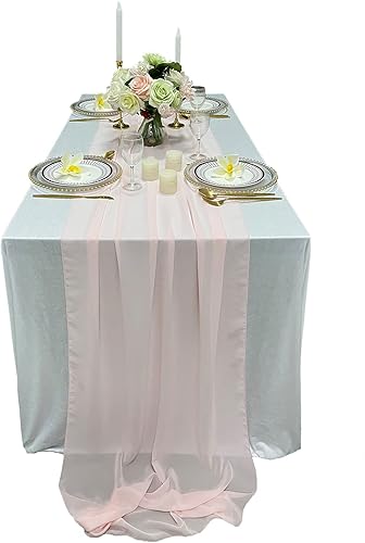 Miniatura 1 de EHLDekol Camino de mesa de gasa rosa rubor de 13 pies, 29 x 156 pulgadas, romántico y rústico, bohemio, camino de mesa para boda, decoración de