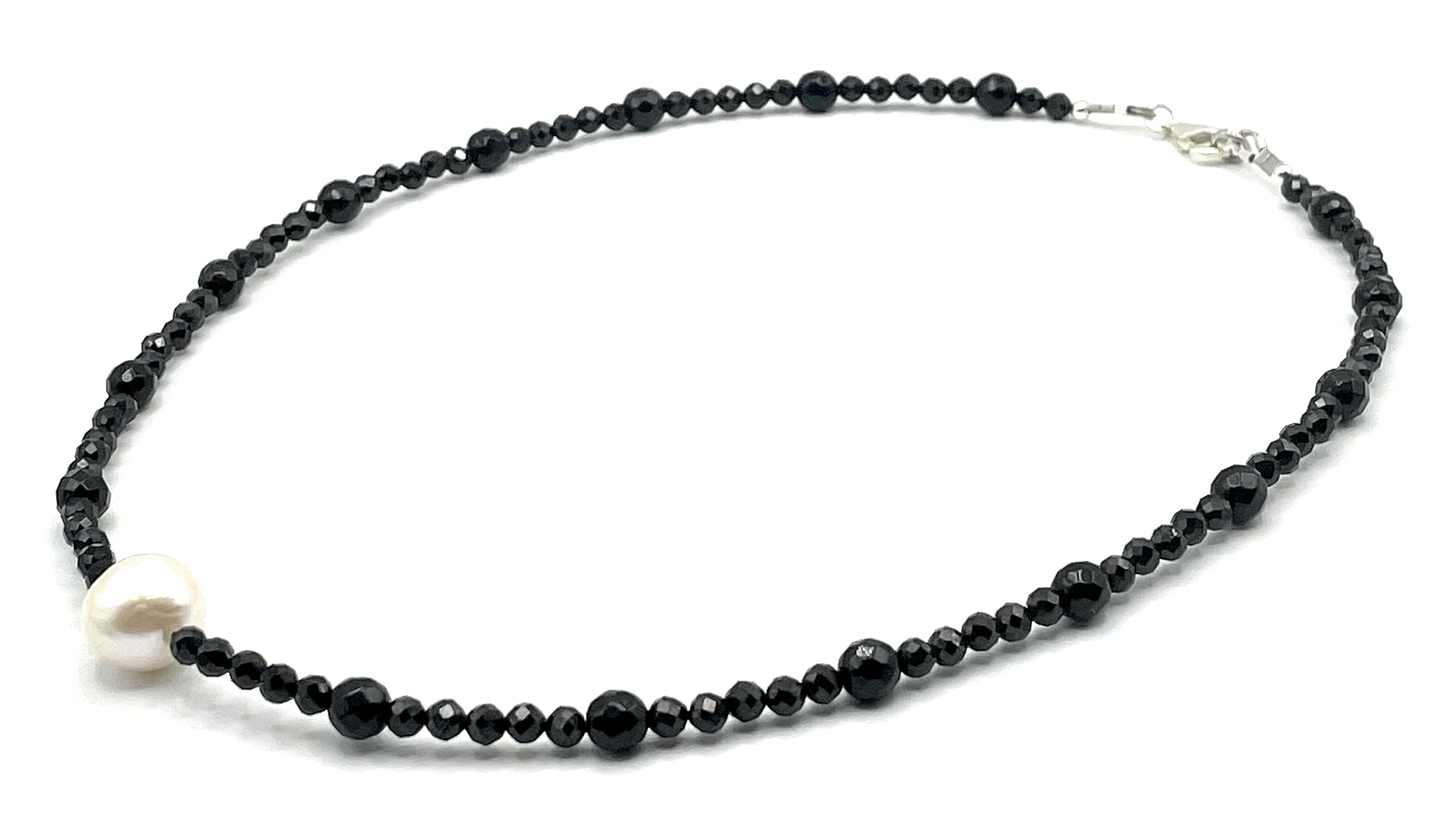 Collar de Plata 925 y Perla Barroca Blanca e Espinela Negra, Joyas Artesanales, Estilo Contemporaneo, Regalo para Mujer