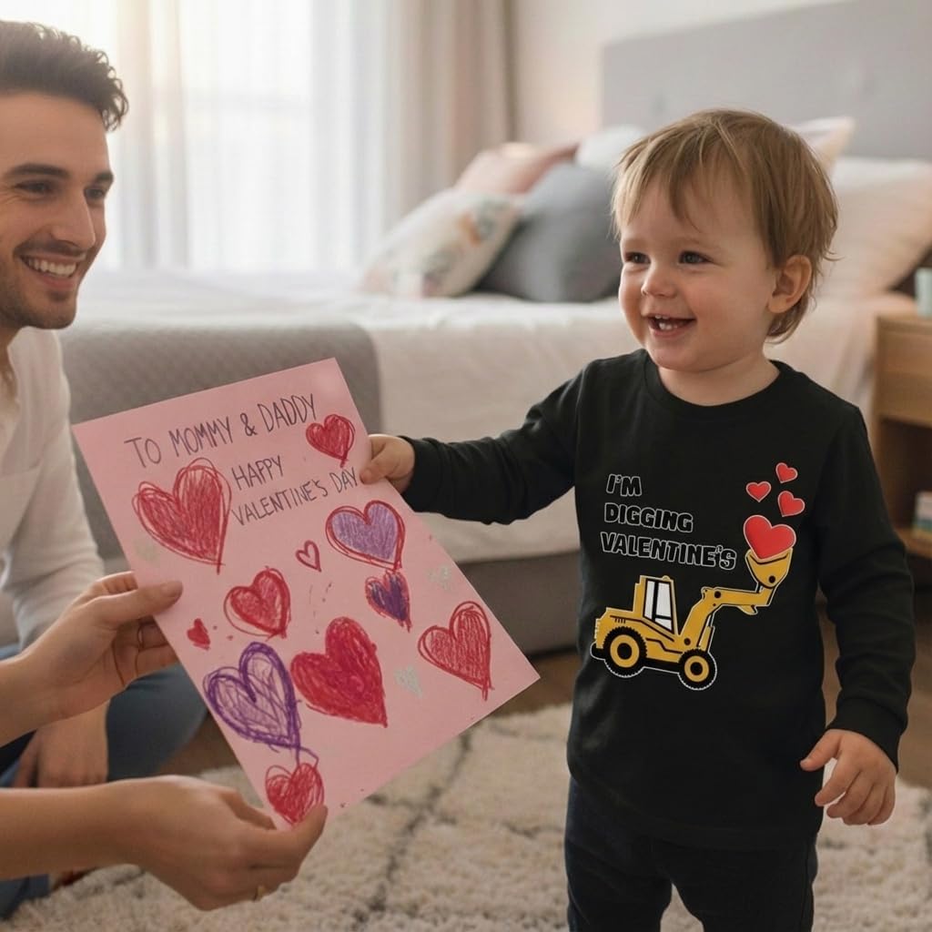 Tstars Kids Tractor and Digger Poppin Valentine's Day Shirt - Funny Heart Dab Long Sleeve Tee for Toddlers Boys and Girls