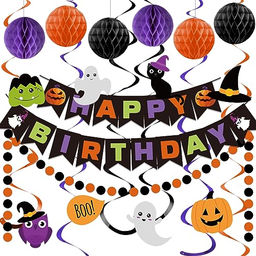 meowtastic Halloween Birthday Decorations - Happy Birthday Banner with Honeycomb Ball Halloween Hanging Swirl Streamer Circle Dot Garland Decorations - Halloween theme Birthday Party Decoration