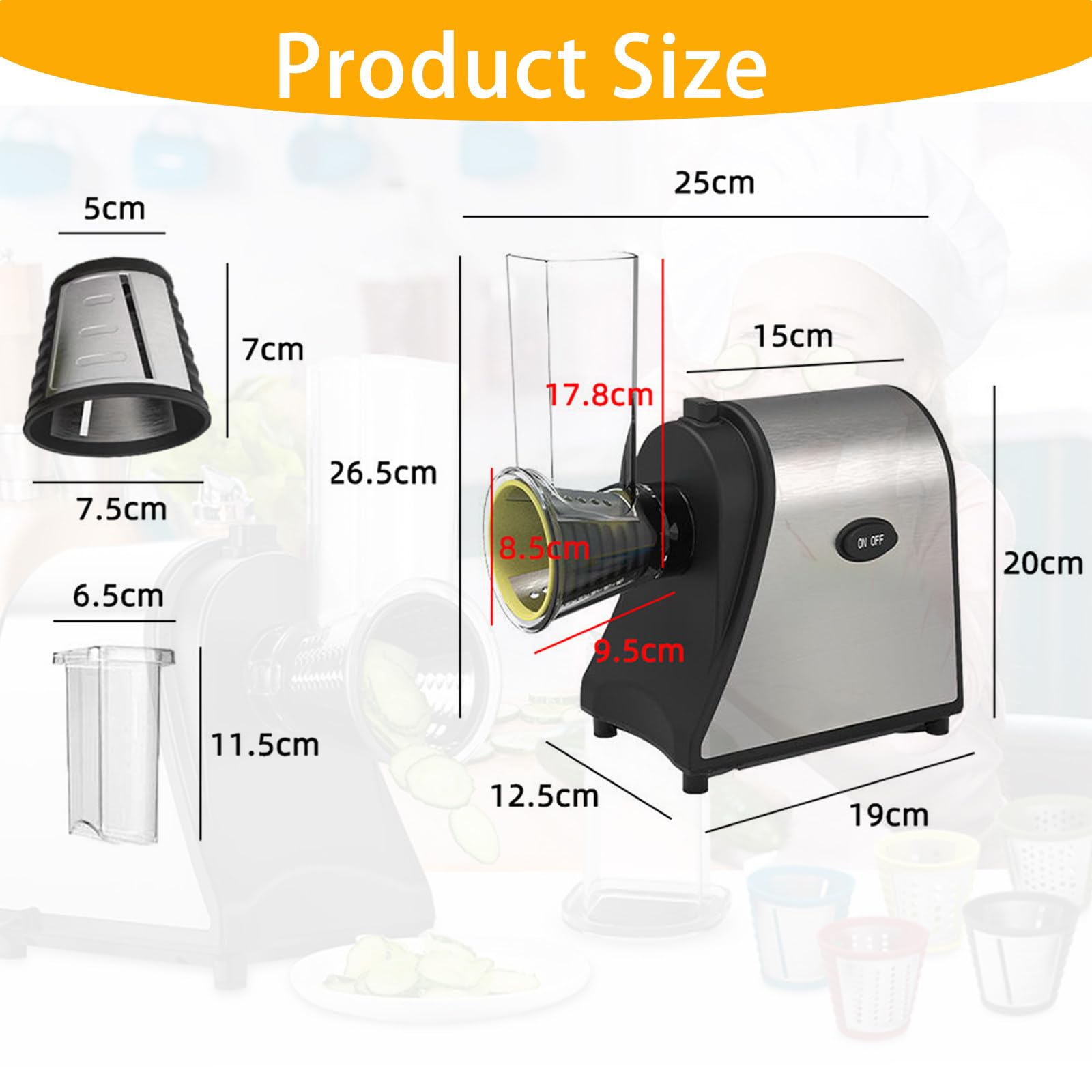 Rallador Queso Eléctrico,Cortador Verduras Eléctrico 5 En 1,con 5 Cuchillas,para Calabacín,Queso,Verduras,Control Fácil con Un Solo Toque,con Cuatro Almohadillas Antideslizantes