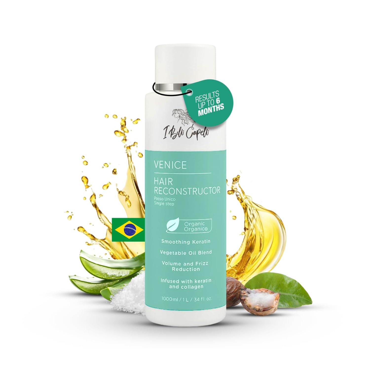 I Belli Capelli Venice Keratina Organica Keratin Hair Treatment, Straightening, Smoothing for All Hair Types (33.8 Fl Oz/1L)